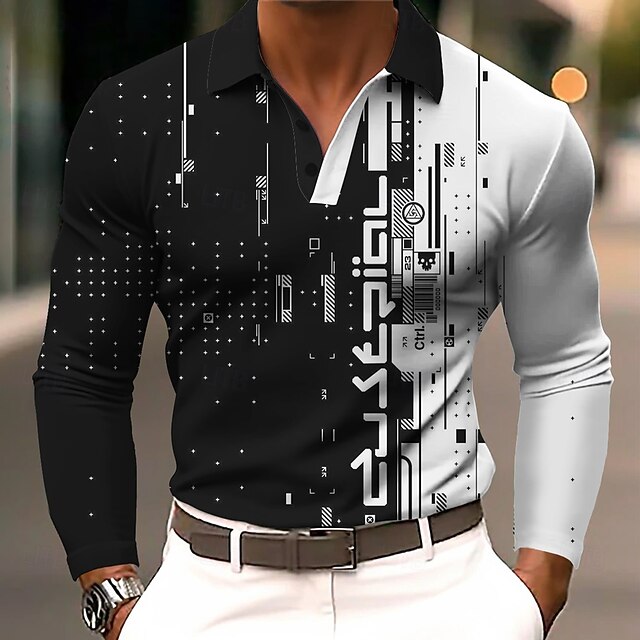 בגדי ריקוד גברים גיאומטרי פּוֹלוֹ שרוול ארוך חולצות פולו דש עסקים מזדמנים בגדי ספורט ומנוחה לבוש יומיומי הדפסת תלת מימד כפתורים אביב סתיו חורף לבן פול סגול