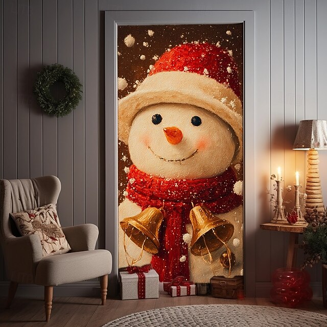 Christmas Door Cover Winter Holiday Curtain Decoration Festive Drapes Featuring Snowman With Red Scarf And Jingle Bells Large Fabric Panel For Home Living Room Bedroom Entryway Decor3