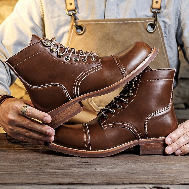  Bottines à lacets en similicuir marron pour homme avec surpiqûres rétro – bottines de travail décontractées pour l'extérieur, idéales au quotidien