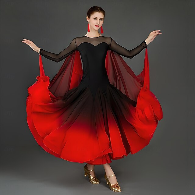 Ballroom Dance Dress Split Joint Women's Training Performance Long Sleeve Mesh Spandex Chiffon4