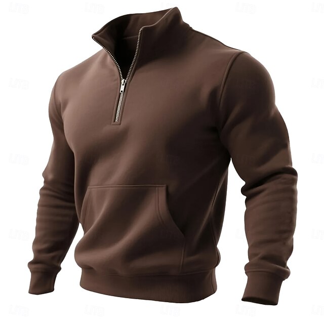 Men's Sweatshirt Pullover Hoodie Sweatshirt Pullover Quarter Zip Sweatshirt Coffee Standing Collar Plain Pocket Sports & Outdoor Casual Daily Streetwear Cool Sportswear Spring &  Fall Clothing Apparel4