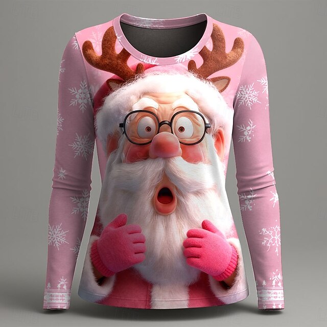 Christmas Women's T Shirt Graphic Santa Claus Vintage Fashion Stylish Long Sleeve Crew Neck Round Neck Regular Tops Daily Weekend Print Pink Blue Green Summer Spring Fall Winter4