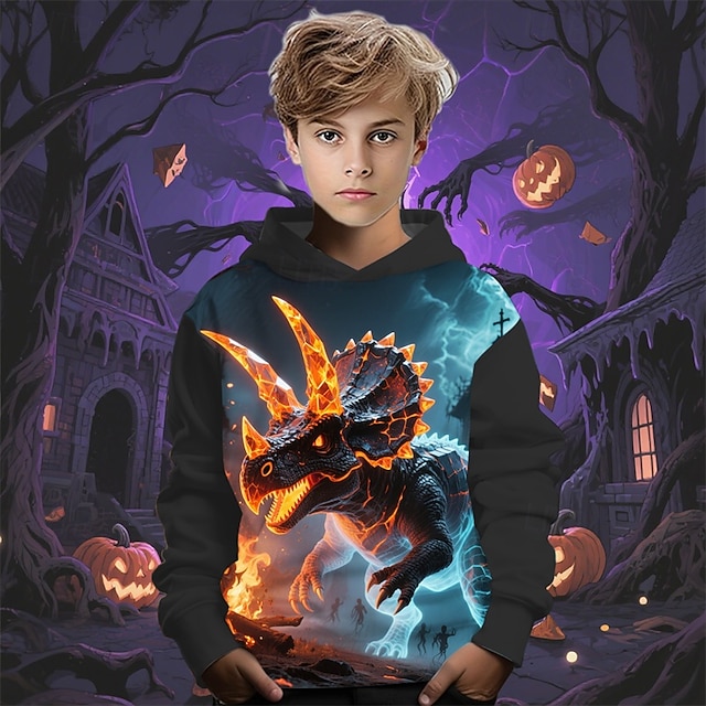  Halloween Dla chłopców 3D Dinozaur Bluza z Kapturem Długi rękaw Wiosna Jesień Moda Moda miejska Dzieci 4-12 lat Kaptur Na zewnątrz Codzienny Regularny
