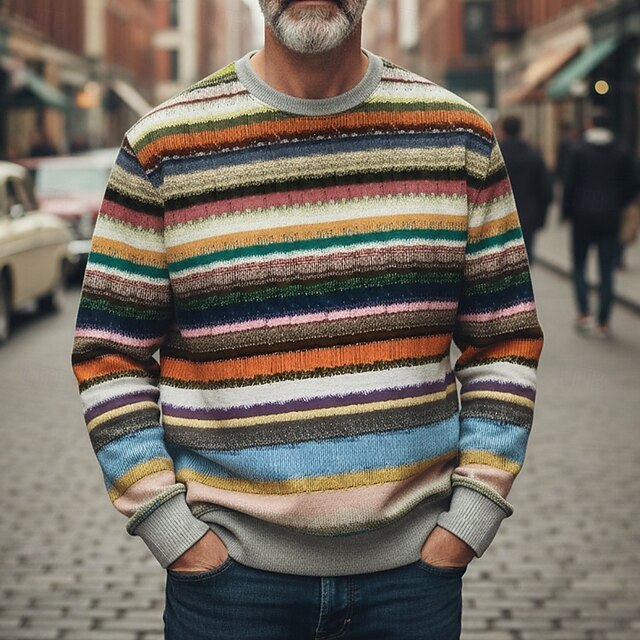 Men's Horizontal Stripes Sweatshirt Sweatshirts Long Sleeve Sweatshirt Crewneck Vintage Retro Print Holiday Going out Festival Print Fall Winter2