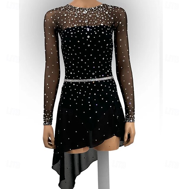 Figure Skating Dress Women's Girls' Ice Skating Dress Black Patchwork Asymmetric Hem High Elasticity Training Competition Skating Wear Classic Crystal / Rhinestone Long SleeveIce Skating Figure3