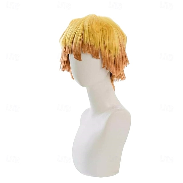  Parrucca Cosplay Gialla Gradiente Arancione Capelli Ricci Corti per Uomini Parrucche di Halloween