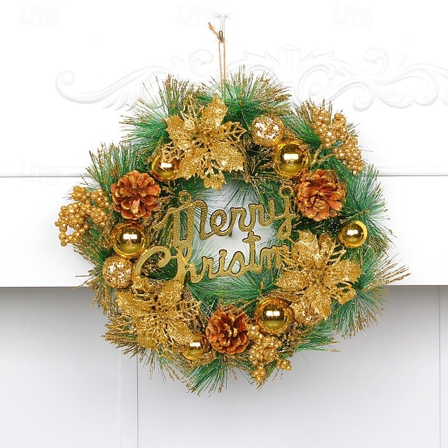  Christmas Wreath for Front Door, Indoor & Outdoor Decoration, Gold Holiday Floral Vine Wreath with Merry Christmas Letters, Artificial Garland for Hotel, Store, and Home Decor