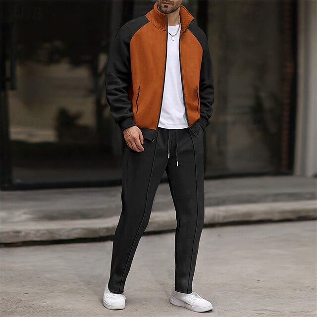  Men's Sweatshirt Tracksuit Outfit Set Stand Collar Outdoor Daily Sports Drawstring Zip Up Pocket Color Block White Brown Khaki Polyester Activewear Fashion Streetwear Spring