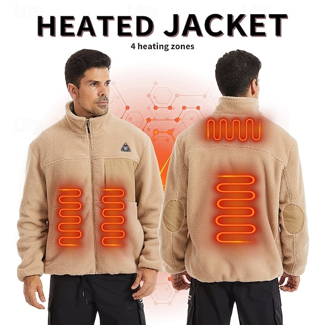  Giacca in pile da uomo, giacca riscaldata, formale, da casa, tascabile, autunno inverno, tinta unita, attiva, neutra, colletto della camicia, giacca nera kaki normale (batterie non incluse)