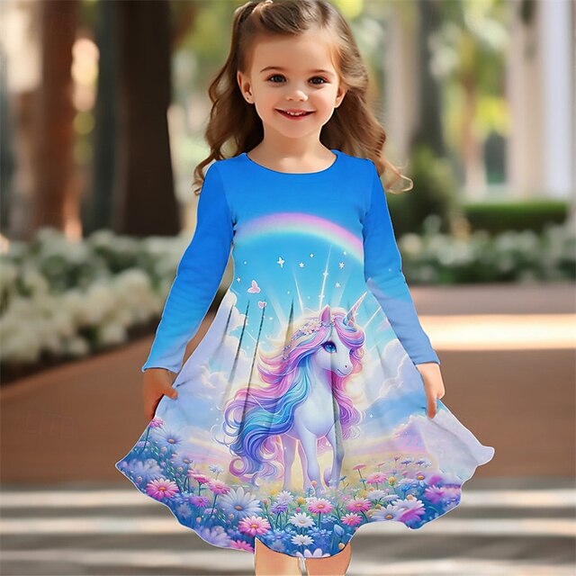 Girls' 3D Unicorn Dress Long Sleeve Summer Spring Vacation Daily Holiday Princess Beautiful Sweet Kids 4-12 Years Casual Dress A Line Dress Knee-length Regular Fit4