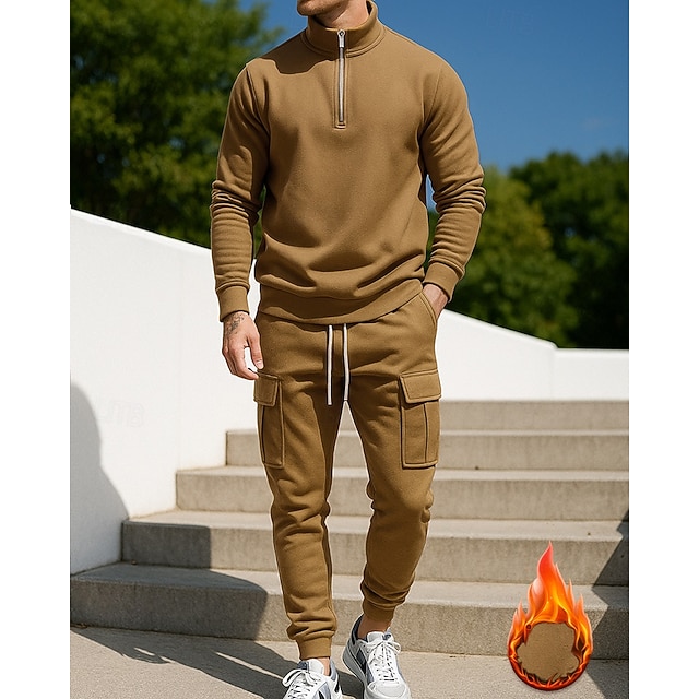  Per uomo Tuta da 2 pezzi Set di tute in pile Abiti da salotto Cerniera a un quarto Tinta unita Completo Abbigliamento Autunno & Inverno Nero Bianco All'aperto Viaggio Sportivo cascante Caldo Manica