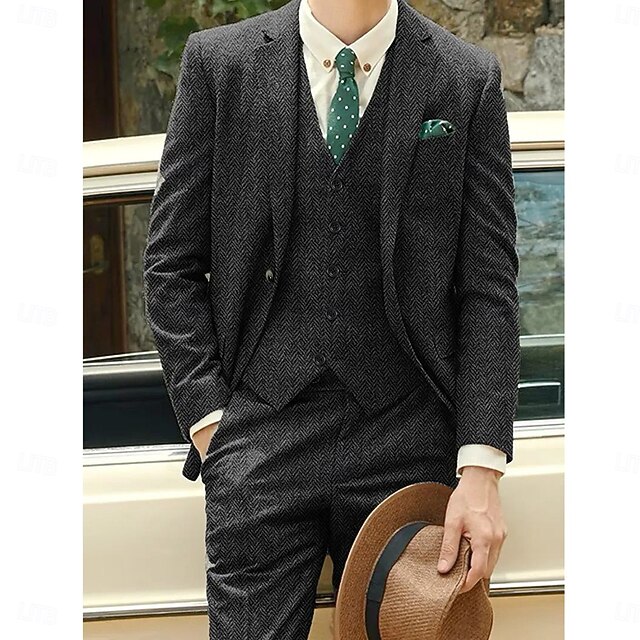 Men's Business Business Suits Notch Lapel Black Dark Grey Formal Herringbone Tailored Fit 3 Piece3