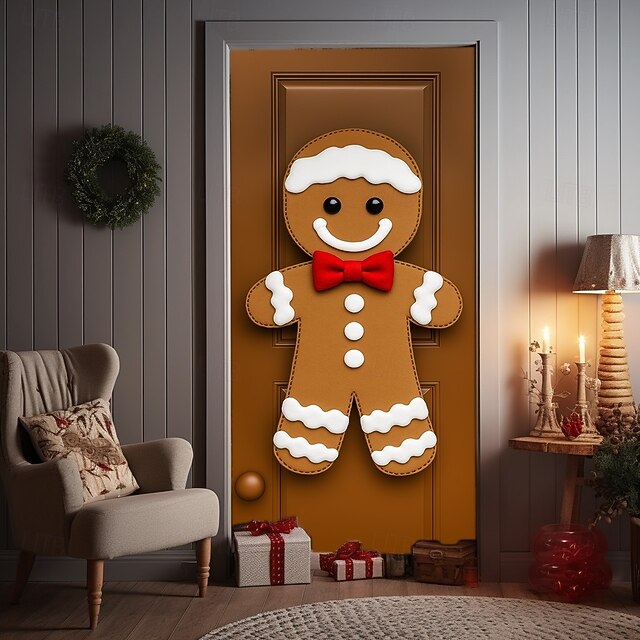 Christmas Door Cover, Gingerbread Man Holiday Door Curtain, 2025 Xmas Festive Front Door Hanging for Party, Porch Entryway Home Decoration4
