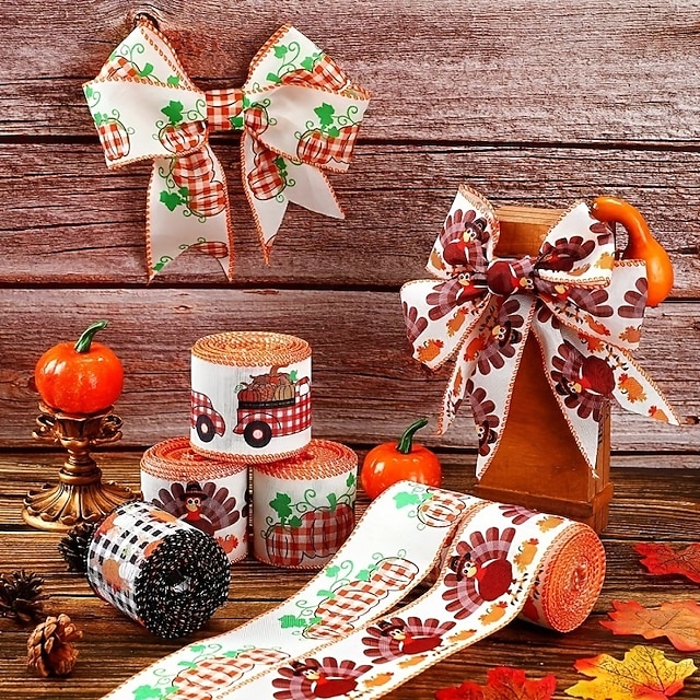 Fall Ribbon Images 5 Yards Fall Thanksgiving Ribbon, Harvest Season Orange Pumpkin Plaid ...