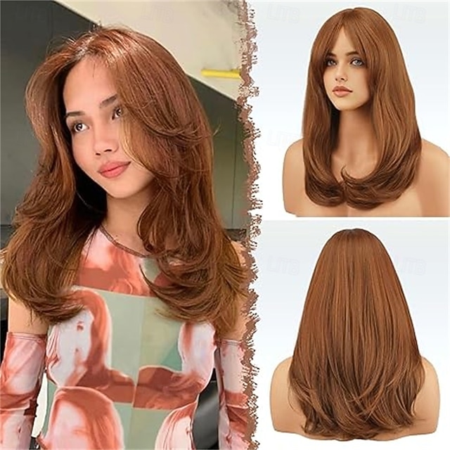 Wigs with Bangs for Women Synthetic Natural Looking Long Layered Straight Auburn Hair Wig for Women Daily Party Use 18 inch
