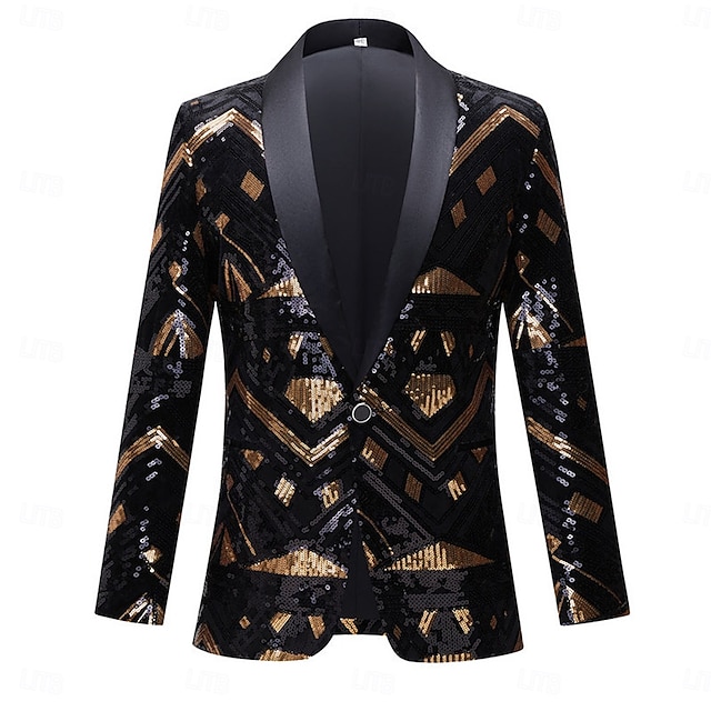  Homme Veste blazer Col châle Mode Géométrique Blazer Noir et Or Coupe Slim à boutonnage simple à un bouton