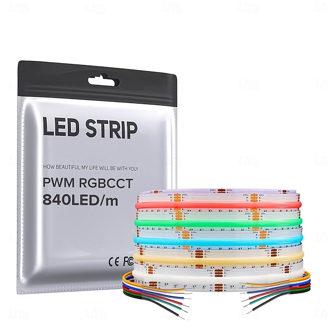  Tira de LED COB RGBCCT com mudança de cor, 16,4 pés, 840 LED/m, luz flexível de alta densidade, opcional RF 2.4 GHz, controle remoto sem fio Tuya, 4 zonas de controle de grupo PWM RGBCCT