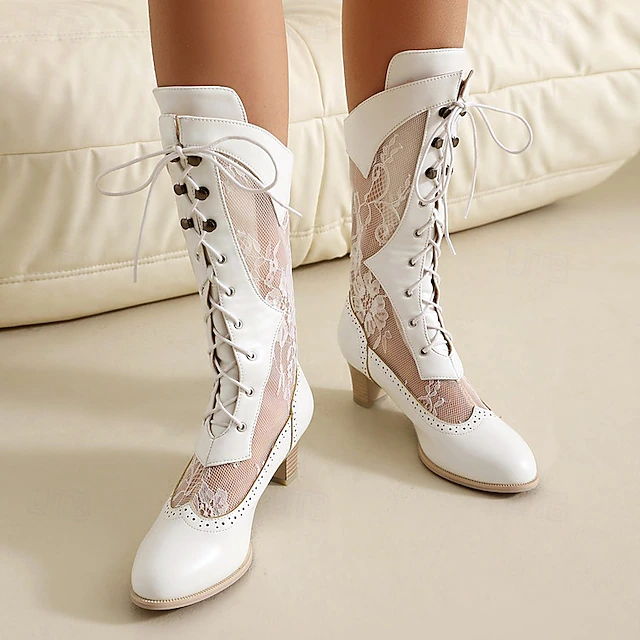 Women's Victorian-Style White Lace-Up Boots with Lace Panels - Elegant Vintage Footwear for Weddings and Special Occasions 8