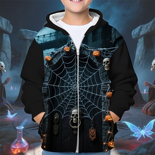 Halloween Boys' 3D Skull Pumpkin Hoodie Coat Outerwear Long Sleeve Spring Fall Adorable Sport Kids 4-12 Years Zip Street Daily Regular Fit4