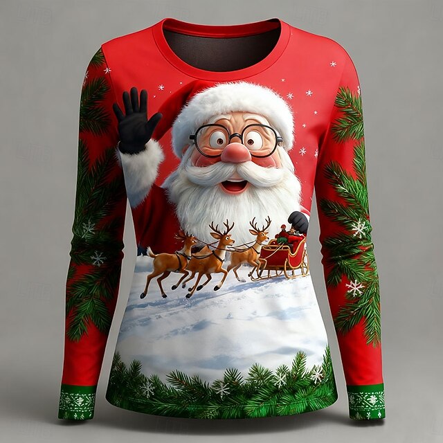 Christmas Women's T Shirt Graphic Santa Claus Fashion Casual Long Sleeve Crew Neck Regular Tops Daily Weekend Print Red Blue Khaki Summer Spring Fall4