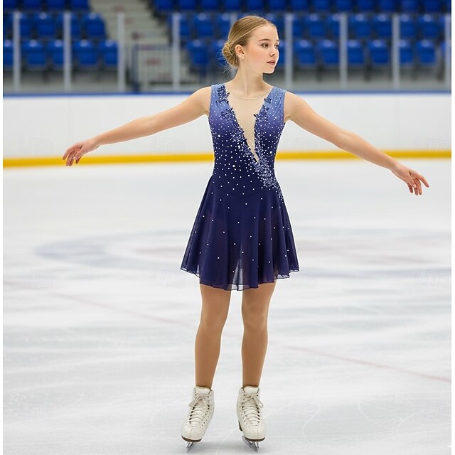 Figure Skating Dress Women's Girls' Ice Skating Dress Blue Stretchy Training Competition Skating Wear Thermal Warm Crystal / Rhinestone Sleeveless Ice Skating Figure Skating4