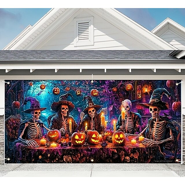Halloween Garage Door Cover Pumpkin Skeleton Feast Spider Web Ghost with Hat Pumpkin Path Large Outdoor Backdrop with Grommets Yard Front Porch Wall Decorations4