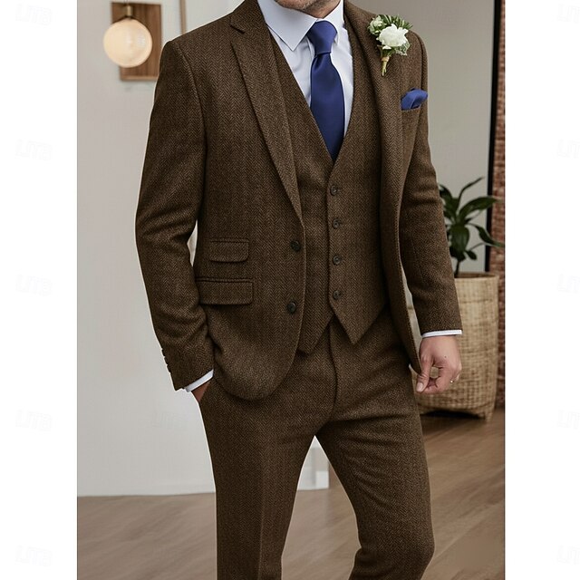 Men's Wedding Business Tweed Suits Notch Lapel Black Brown Daily Formal Herringbone Tailored Fit 3 Piece Single Breasted Two-buttons4