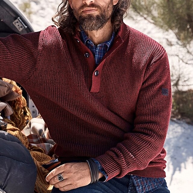 Men's Sweater Pullover Sweater Jumper Ribbed Knit Regular Tops Knitted Slim Fit Plain High Neck Knitwear Contemporary Casual Daily Wear Clothing Apparel Fall Red S M L4