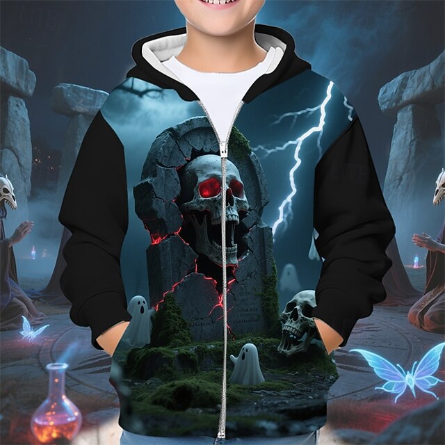 Halloween Boys' 3D Skull Ghost Hoodie Coat Outerwear Long Sleeve Spring Fall Adorable Sport Kids 4-12 Years Zip Street Daily Regular Fit4