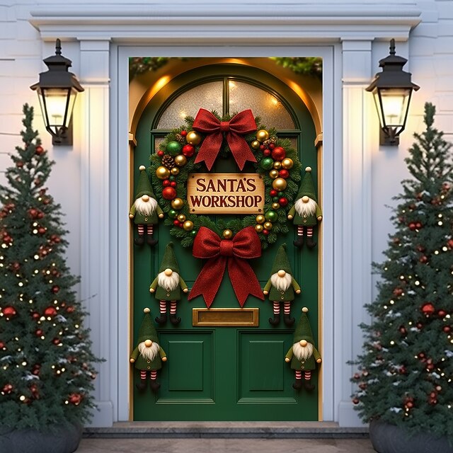 Christmas Door Cover, Festive Green Door with Wreath and Red Bow Holiday Entrance Backdrop Door Curtain for 2025 Xmas Party Indoor Outdoor Home Decorations4