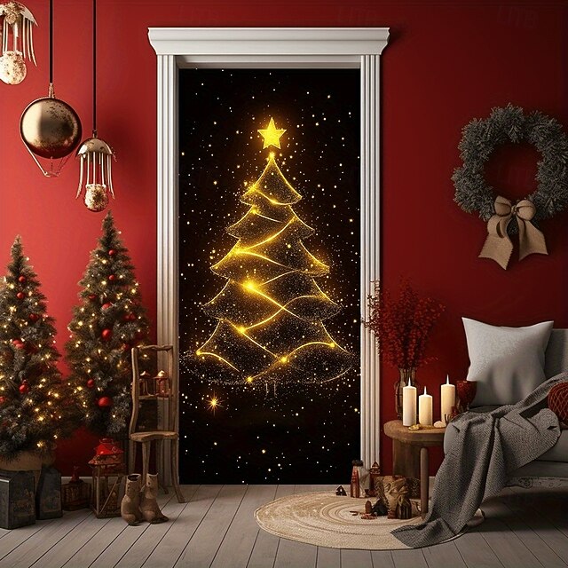 Christmas Door Cover Golden Christmas Tree Colorful Holiday Christmas Trees Surprise Festive Winter Drapes Home Decor Curtain Large Seasonal Decoration for Living Room Bedroom Celebration4