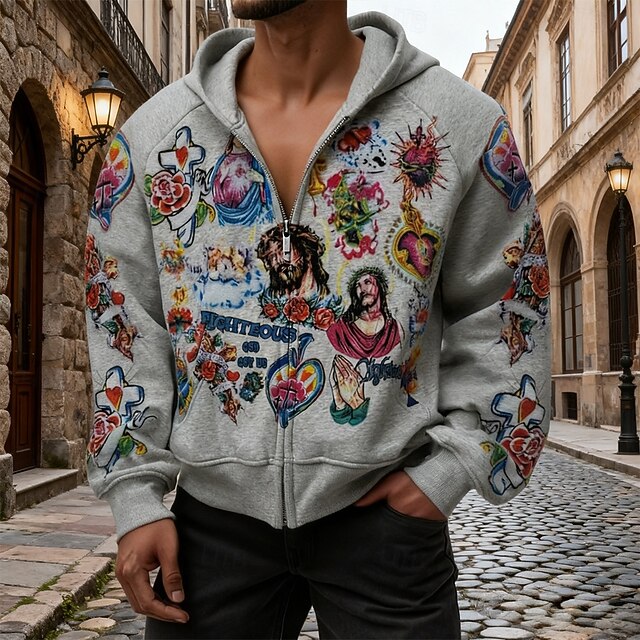 Men's Jesus Hoodie Fashion Daily Hooded Vacation Party Streetwear Gray Zip Up Pocket Printing Spring Fall Designer4