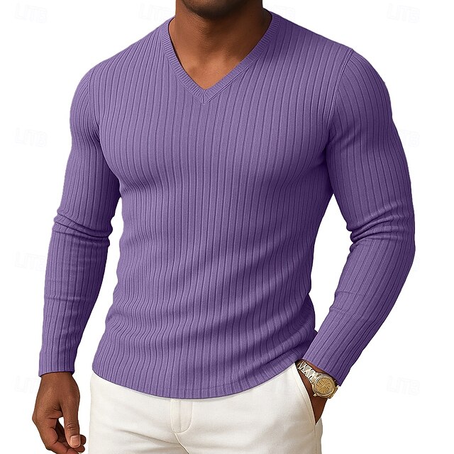 Men's T Shirt Muscle Shirt Ribbed Knit tee Tee Top Long Sleeve V Neck ...