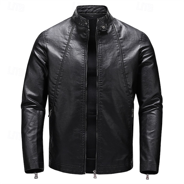 Men's Faux Leather Jacket Fleece Jacket Biker Jacket Motorcycle Jacket Vacation Daily Windproof Warm Pocket Fleece Fall Winter Plain Fashion Classic Stand Collar Regular Black White Wine Jacket