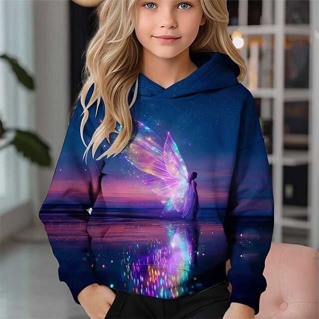 Girls' 3D Butterfly Hoodie Long Sleeve Fall Winter Fashion Adorable Basic Kids 4-12 Years Hooded Outdoor Casual Daily Regular Fit4