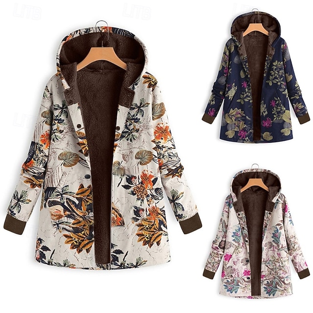  Damen Wintermantel Mantel Kapuzenjacke Warm Bequem Tasche Knöpfe Lässig Blumen Urlaub Ausgehen Wochenende Regulär Kapuzenpullover Normale Passform Langarm Oberbekleidung Weiß Gelb Rote Herbst Winter