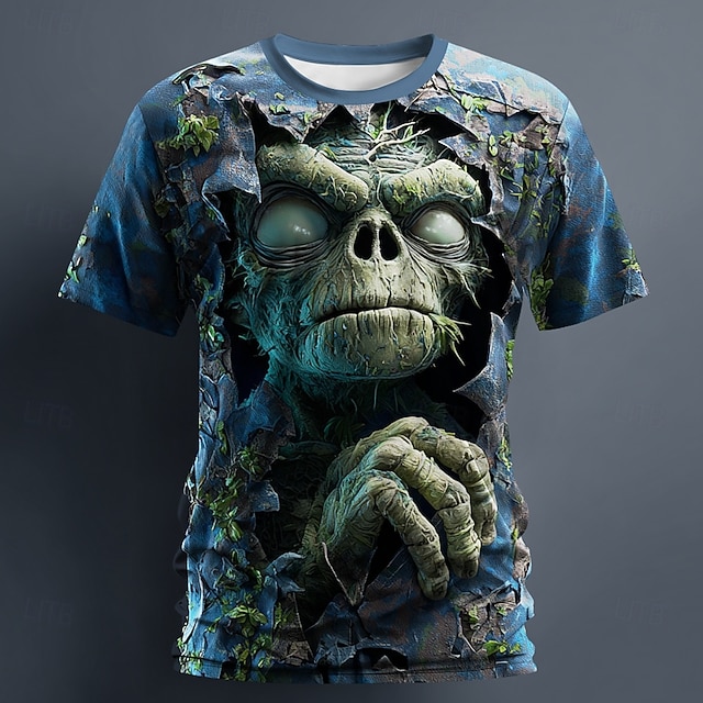 男性用 3D印刷 ゾンビ 3D Tシャツ 半袖 Tシャツ 3Dプリント クルーネック シャツ 誇張された デザイナー ホラー パーティー ストリート 祝日 ダークブルー 夏 春 オールシーズン 衣類 S M L XL XXL XXXL