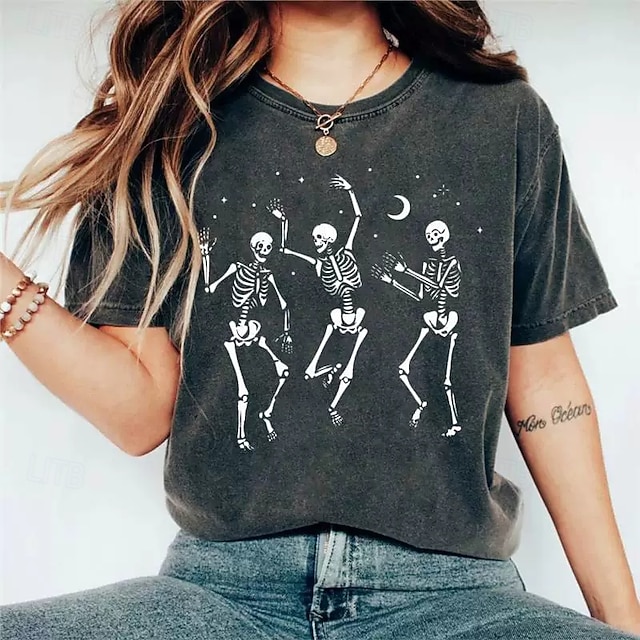  Halloween Femmes T-shirt Graphique Crâne Élégant ancien Mode Manche Courte Col ras du cou Col rond Hauts Réguliers Quotidien Week-end Patchwork Gris Printemps Automne