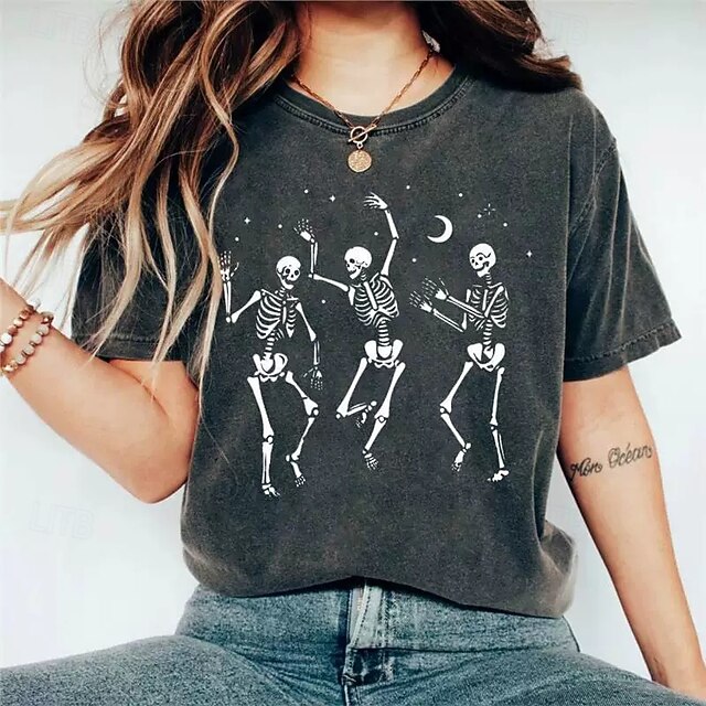 Halloween Women's T Shirt Tee Top Graphic Skull Elegant Vintage Fashion Short Sleeve Crew Neck Round Neck Regular Tops Daily Weekend Patchwork Gray Spring Fall4
