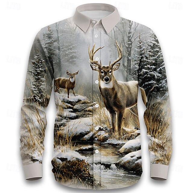Men's Reindeer Nature & Landscapes Forest Shirt Button Up Shirt Long Sleeve Vintage Retro Outdoor Camping & Hiking Hunting Spring Fall Turndown 3D Print Linen Like Shirt Beige4