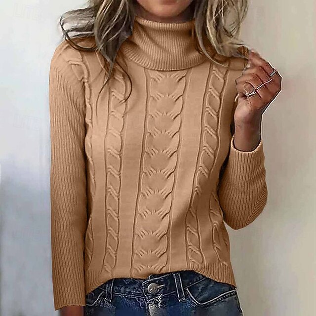 Women's Sweater Pullover Streetwear Casual Solid Color Turtleneck Knitted Long Sleeve Regular Tops Knit Daily Holiday Going out Khaki Fall Winter4