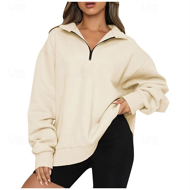 Women's Pullover Sweatshirts Zip Up Sweatshirts Plain Sports Fashion Casual Long Sleeve High Neck Regular Tops Street Dailywear Going out Half Zipper Quarter Zipper Zipper Khaki Fall Winter4
