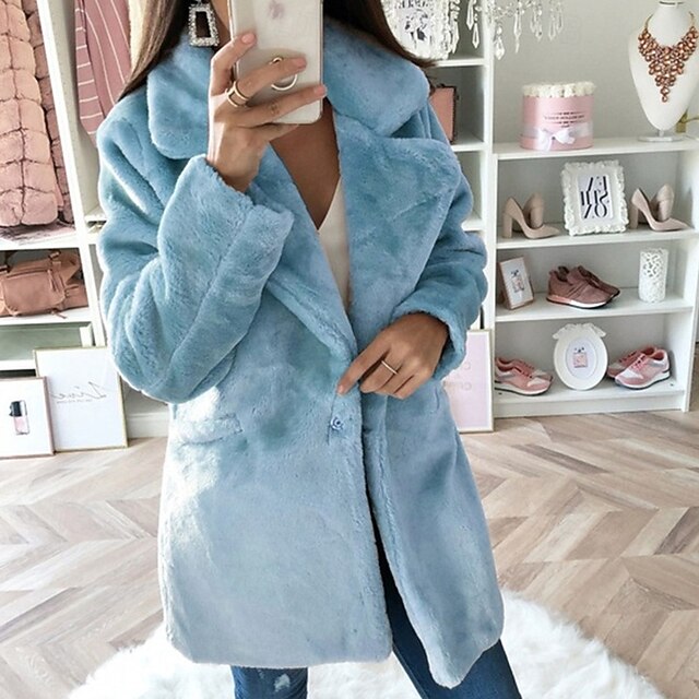 Women's Winter Coat Faux Fur Coat Warm Comfortable Pocket Furs & Leathers Casual Plain Vacation Street Going out Weekend Long Turndown Regular Fit Long Sleeve Outerwear Blue Fall Winter4