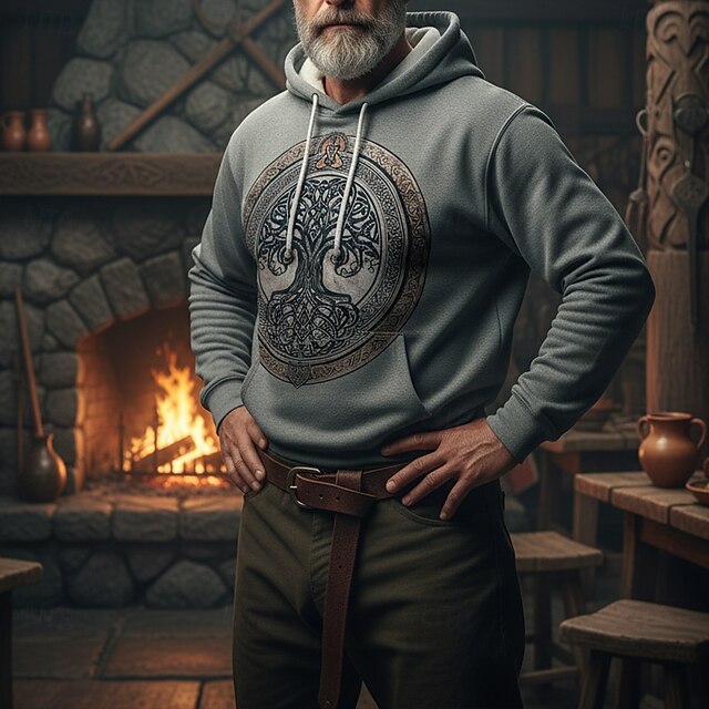 Men's Tree Hoodie Fashion Daily Hooded Vacation Party Streetwear Gray Printing Fall Winter Designer2