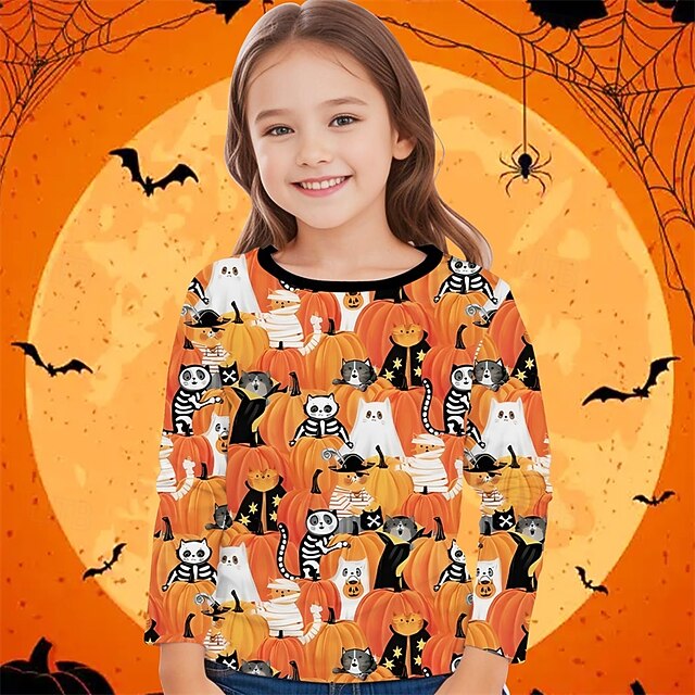 Halloween Girls' 3D Cartoon Pumpkin T shirt Tee Long Sleeve Spring Fall Fashion Basic Kids 4-12 Years Crew Neck Outdoor Casual Daily Regular Fit4