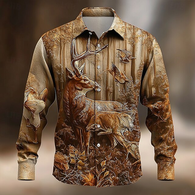 Men's Bird Reindeer Forest Shirt Button Up Shirt Long Sleeve Vintage Retro Outdoor Camping & Hiking Hunting Spring Fall Turndown 3D Print Collared Shirts Brown4