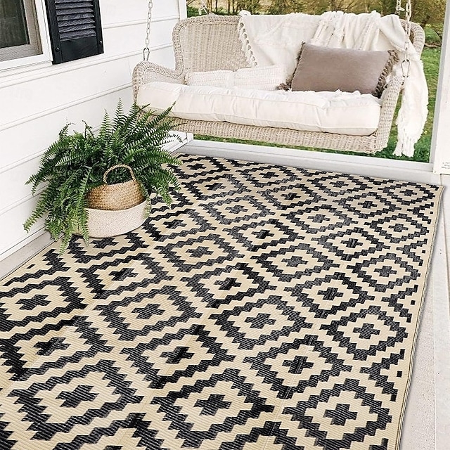  tapete externo de palha plástica resistente para áreas internas/externas, bege &Tapete antiderrapante com estampa floral marrom para deck, trailer, camping, varanda, quintal - proteção de piso fácil