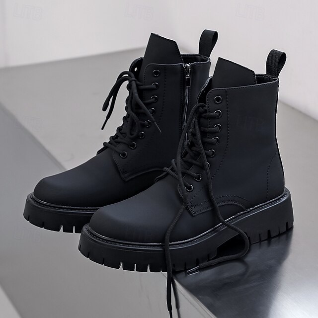 Svarte herrestøvler med snøring og glidelås på siden til kamp, slitesterkt kunstskinn, militærinspirert stil for utendørs-, arbeids- og streetwear-mote