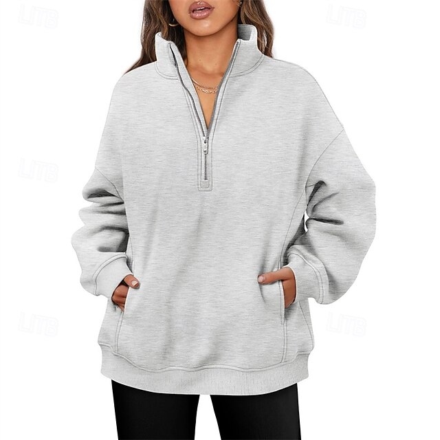 Women's Pullover Sweatshirts Zip Up Sweatshirts Plain Sports Fashion Casual Long Sleeve High Neck Regular Tops Street Dailywear Going out Half Zipper Quarter Zipper Zipper Gray Fall Winter4