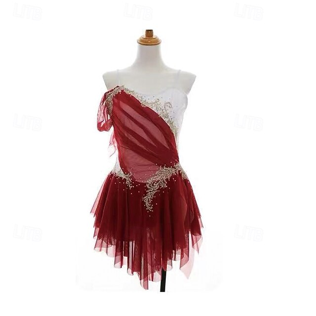 Figure Skating Dress Women's Girls' Ice Skating Dress Burgundy Patchwork Thumbhole Mesh Spandex Stretchy Training Practice Professional Skating Wear Thermal Warm Crystal / Rhinestone Long Sleeve Ice4